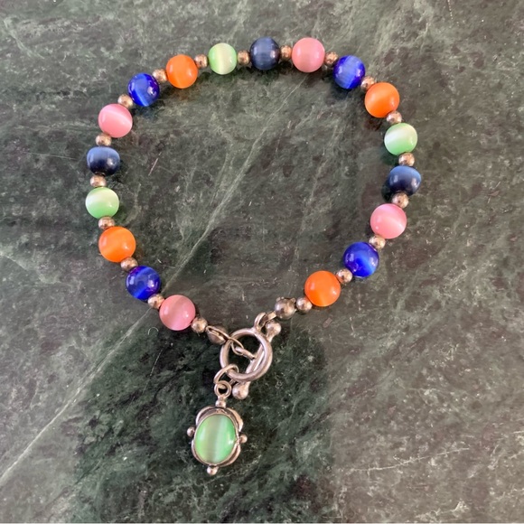 Jewelry - Multicolor Cats Eye And Beaded Sterling Silver Bracelet With Charm Toggle 7.25”